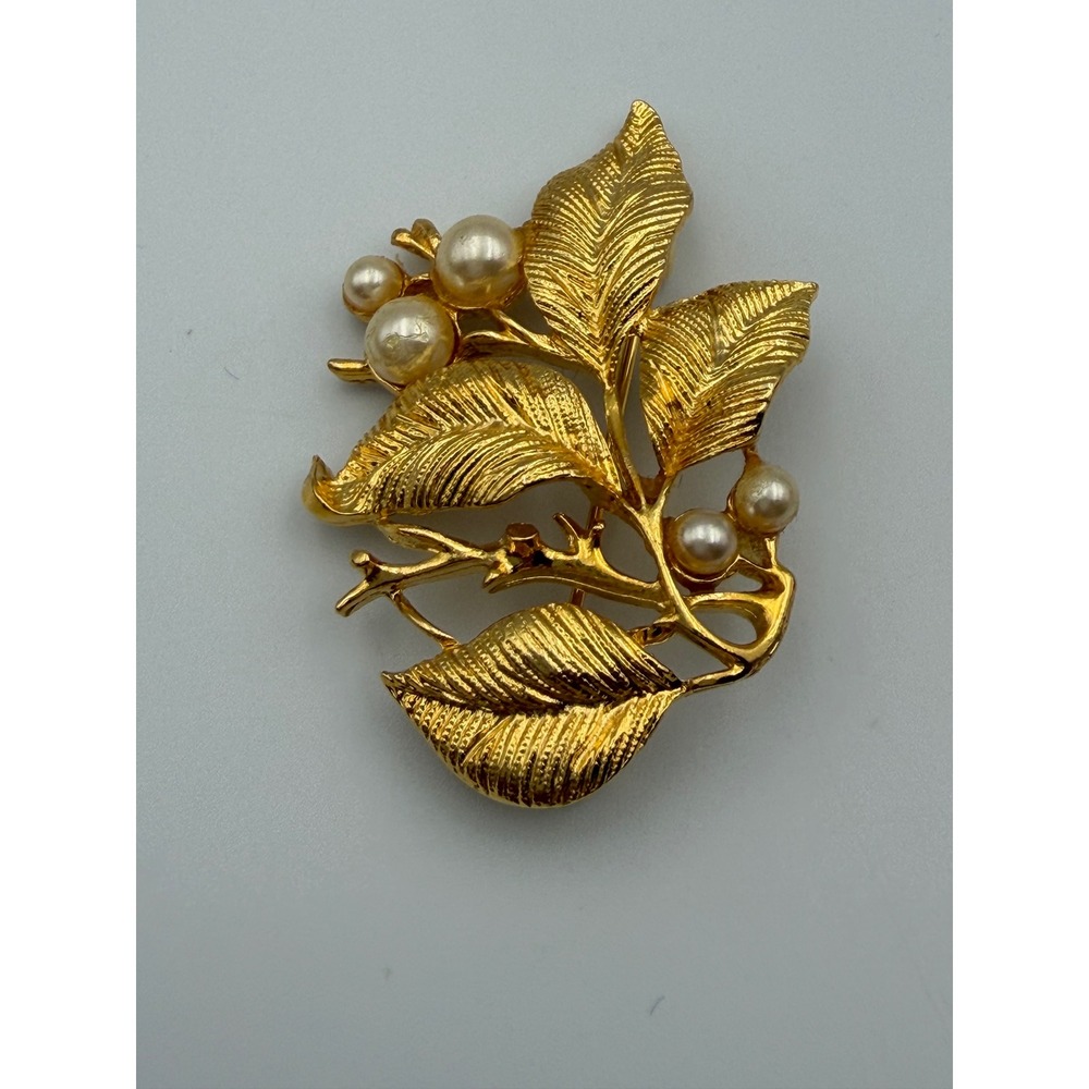 Vintage Gold Tone Faux Pearl Leaf Branch Brooch Pin Botanical Textured Jewelry